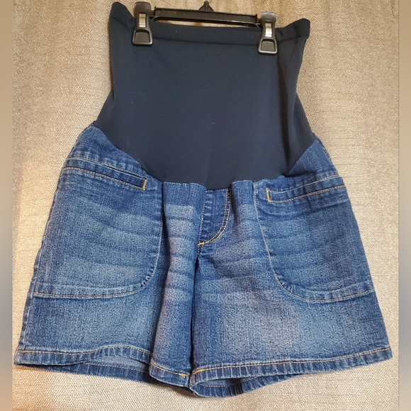 Oh Baby by Motherhood Jean Shorts Denim Blue with pockets Stretch Belly Size S - Picture 1 of 7